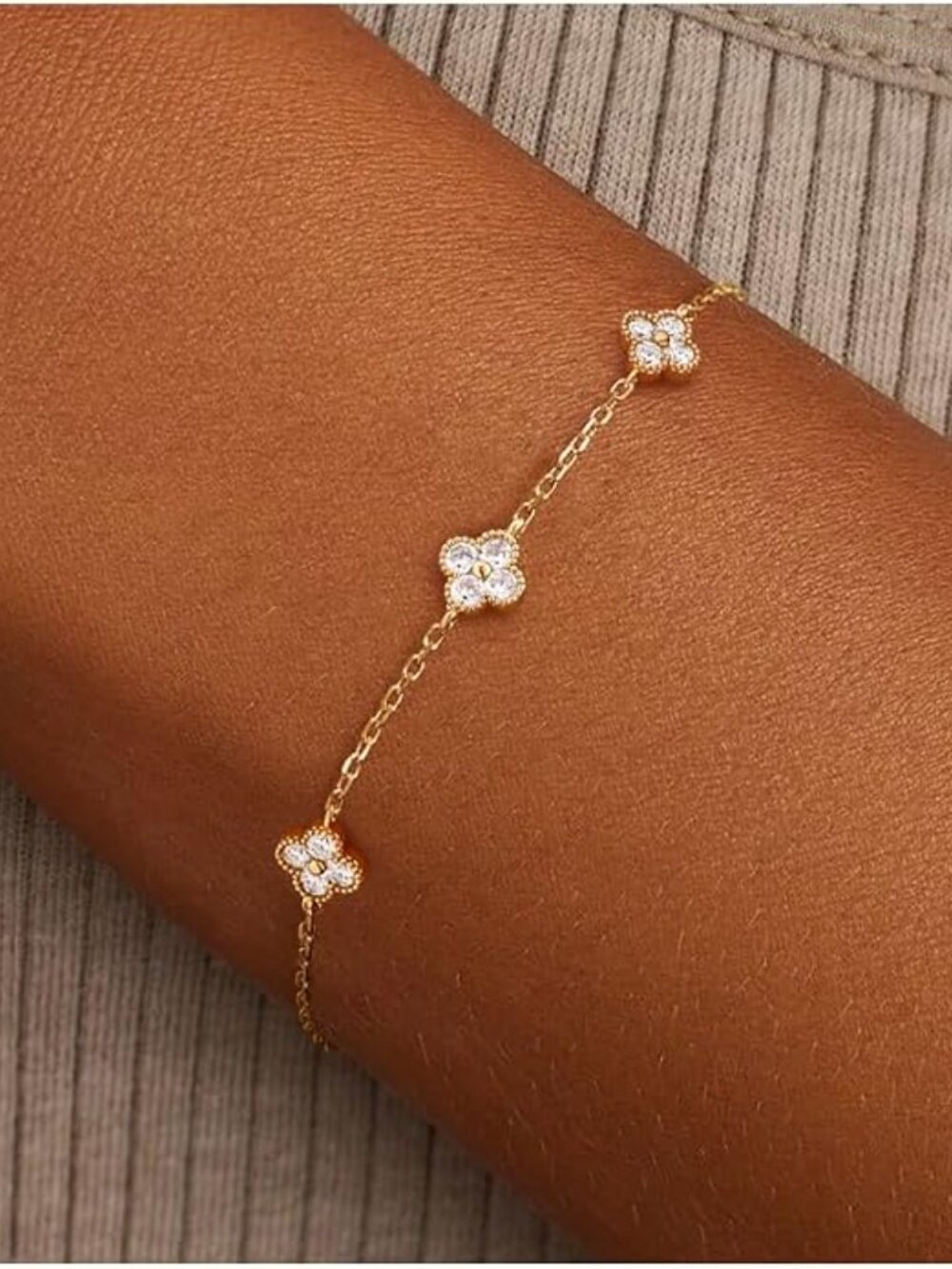 14k Gold Plated Four Leaf Clover Birthstone Bracelet Dainty Stackable Link